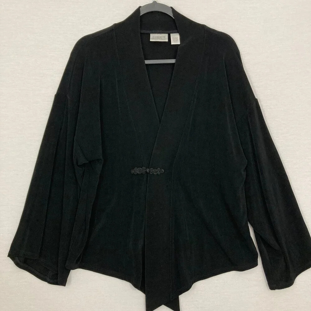 Chico's Travelers Black Slinky Knit One‎ Hook Closure Jacket Large/2